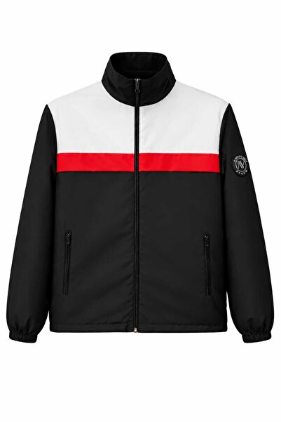 GİYİYORUM Black Men's Jacket with Stripe Detail, Stand Collar, Seasonal Relax...