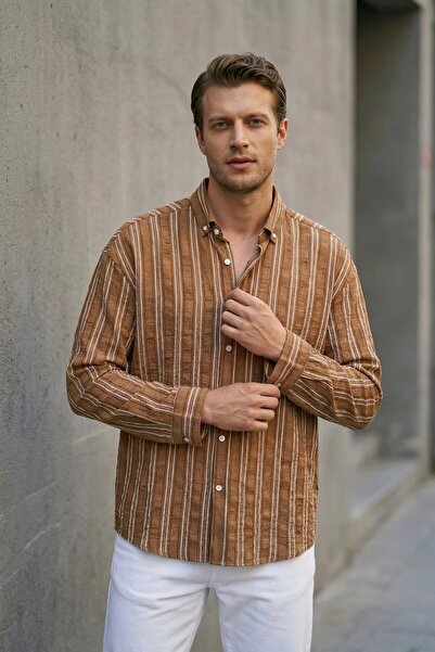 MADZEYMODA Ανδρικό μακρυμάνικο καφέ πουκάμισο με χοντρές ρίγες και αυτοσχεδια...