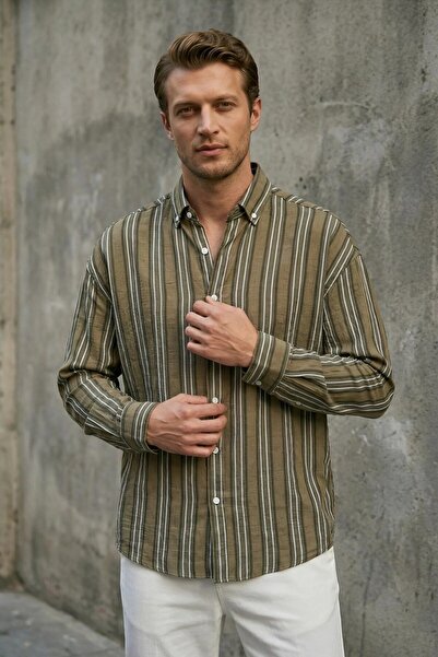 MADZEYMODA Ανδρικό μακρυμάνικο χακί πουκάμισο με χοντρές ρίγες και αυτοσχεδια...