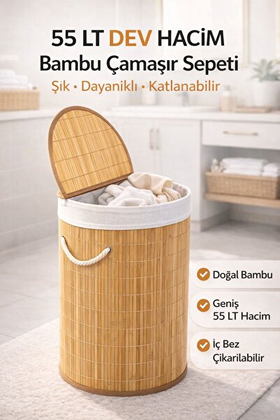 Funny Life Bambu Çamaşır Sepeti 55 LT Katlanabilir Kapaklı Kirli Sepeti Doğal...
