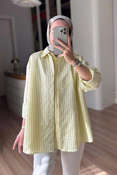 Ka Hijab Πουκάμισο με ρίγες και διπλωμένο μπροστινό μέρος - Κίτρινο