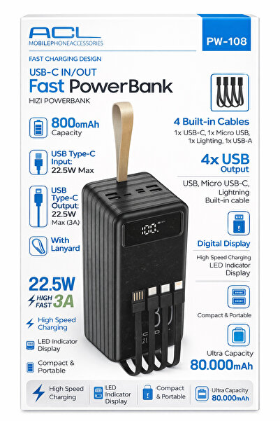 aetcr PW-108 80.000 mAh Powerbank 22.5W Hızlı Şarj - 4 Dahili Kablolu Taşınab...