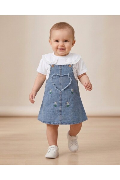 Ege Bebek Kız Bebek Yazlık Kot Jile ve T-shirtlü 2'lü Takım, 6-9-12-18-24 Ayl...