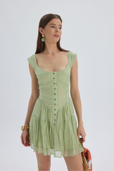 BOHEMAİ Serena Green Mini Dress with Buttons