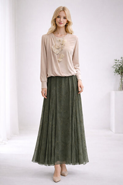 FUAT GÜRSEN Φούστα με επένδυση και ελαστική μέση, με λεπτομέρεια απλικέ κεντή...