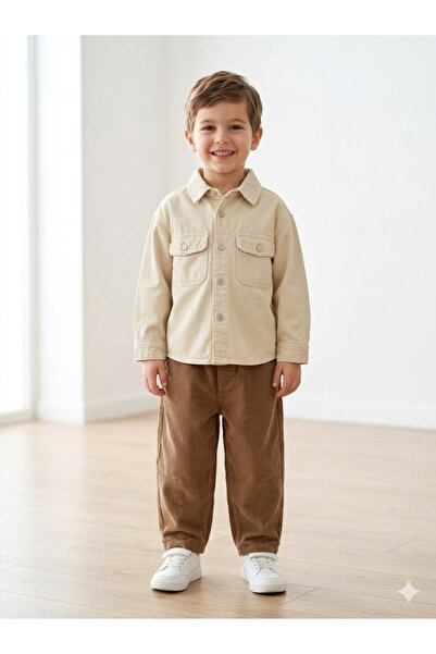 Motebarn Wear Σετ για αγόρια: Μπεζ υφαντό πουκάμισο-τζάκετ και καφέ κοτλέ παν...