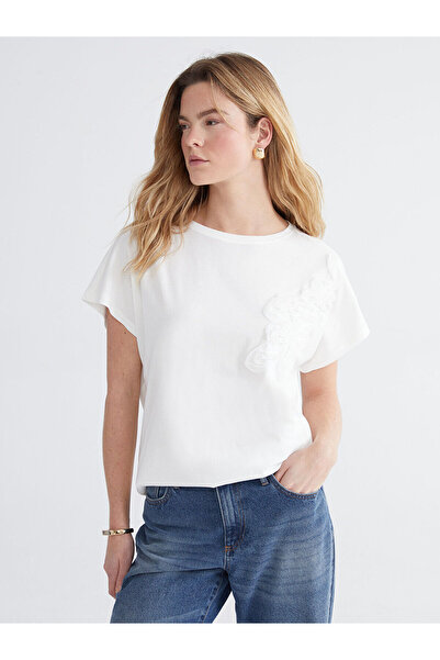 LC Waikiki NEVAVM Farkıyla LCW EVERYDAY Εκρού οβάλ μπλούζα με λουλουδάτο γιακ...