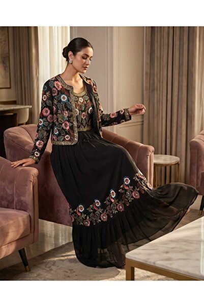 İthal Black Ethnic Embroidered Double Set - Jacket and Maxi Dress Set