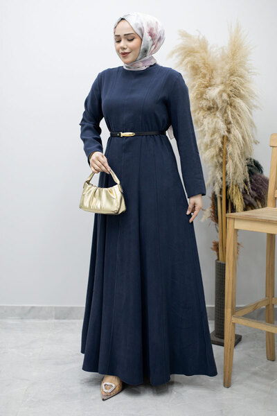 Tesettür Dünyası Φόρεμα με γιακά και ζώνη με πένσες TSD260184 Ναυτικό μπλε