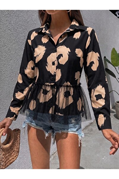 mass fashion Kadın Tül Detaylı Şık Desenli Gömlek
