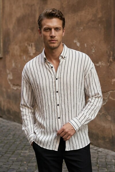 MADZEYMODA (Με Εφέ Ζάρας) Ανδρικό Μακρυμάνικο Πουκάμισο Εκρού με Λεπτές Γραμμ...