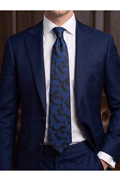 Gutiero Κλασική γραβάτα με μαύρο μπλε μοτίβο και μαντήλι
