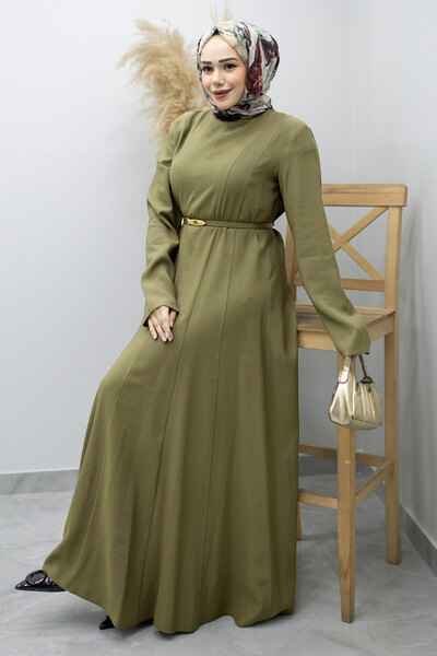 Tesettür Dünyası Φόρεμα με γιακά και ζώνη με πέτο TSD260184 Χακί