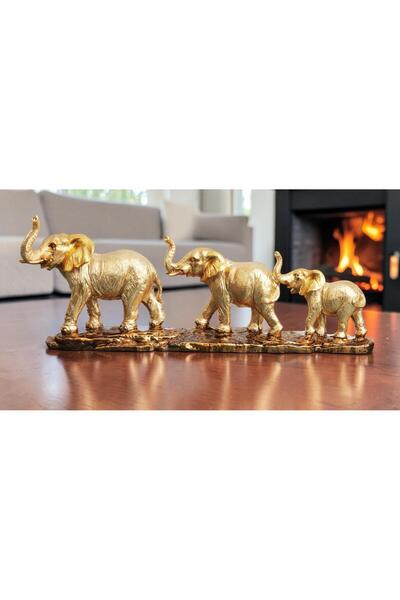 ELSELİFE Lüks Polyester Gold Şans Getiren 3’lü Fil Ailesi Biblo 40 cm Reçine ...