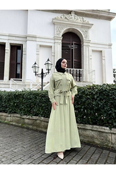 Esra Butik78 Mint Yeşili Etekli Tesettür Takım – Gömlek Yaka, Kuşaklı, Cepli,...