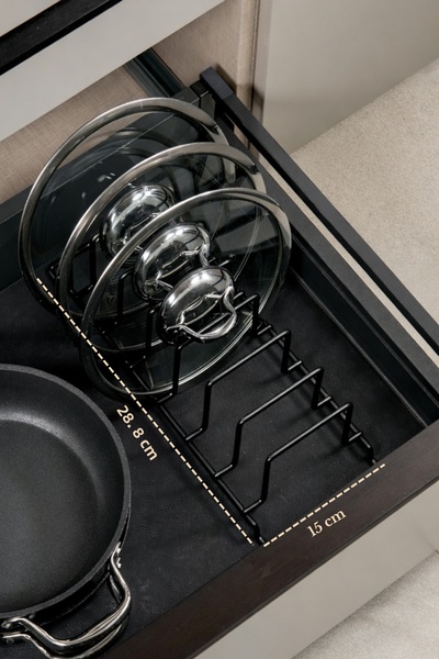 Edora Home Μαύρος οργανωτής κατσαρολών και σκευών με συρτάρι, εξοικονόμηση χώρου