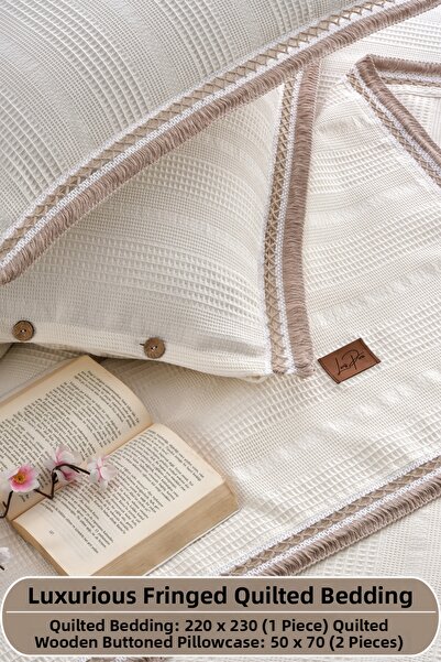 Larispera Σετ κάλυμμα κρεβατιού PIQUE με φούντες, 100% βαμβακερό, διπλό, με μ...