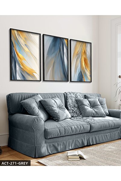 Evinemoda Μπλε και κίτρινο φτερό 3 τεμαχίων με μαύρο ξύλινο πλαίσιο Πίνακας ACT