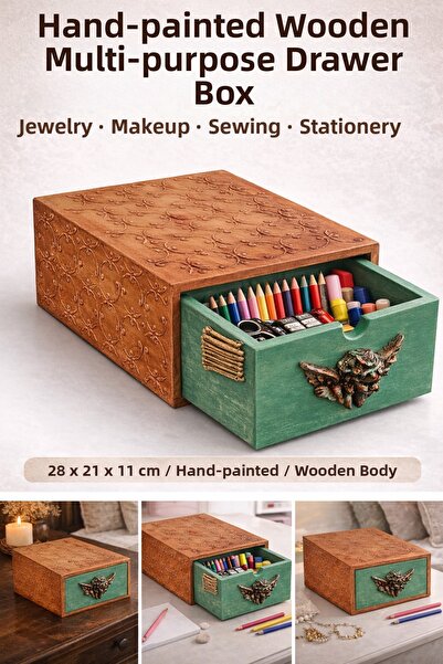 ASLI Hand-Painted Wooden Multi-Purpose Drawer Box – Decorative Storage Box fo...