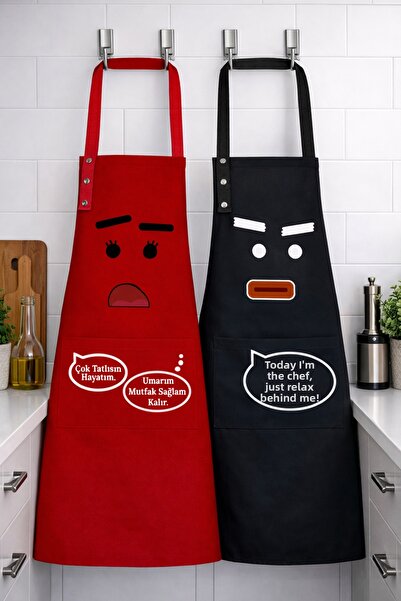 Hulganz Kitchen Apron Set of 2 Black Red Stain Resistant Water Repellent Fabr...