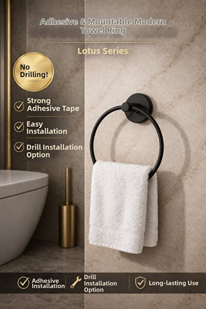 Alper Banyo Lotus Μαύρη στρογγυλή κρεμάστρα για πετσέτες, δαχτυλίδι για πετσέ...
