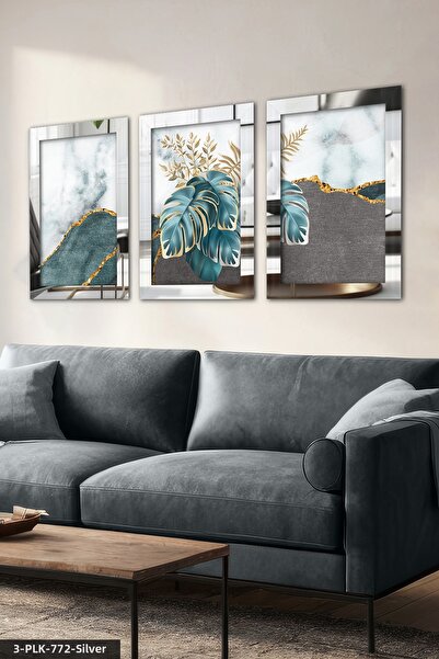 Evinemoda Gold Detailed Blue Leaf 3 Piece Plexiglass Mirrored Table