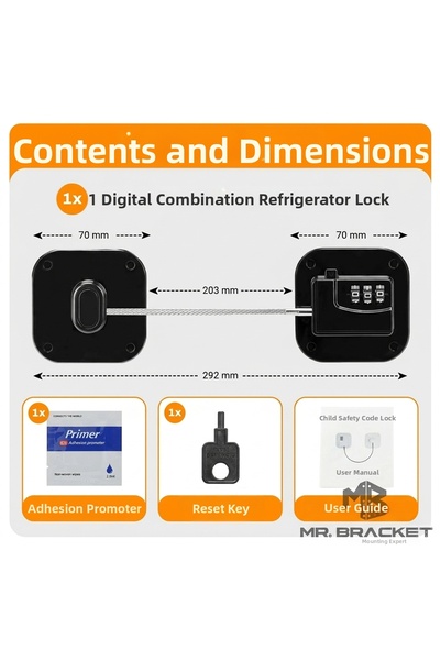 MR.BRACKET Adhesive Child Safety Lock with Password Steel Rope Black Window Glass Cabinet Refrigerator Door Lock