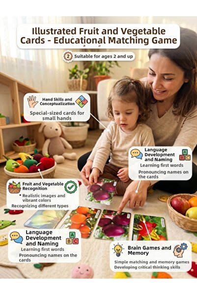 Tıfıl Toys 50 Cards Illustrated Fruits and Vegetables Educational English Lan...