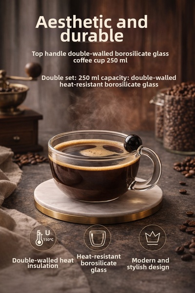 DİVAYS Double Walled Borosilicate Glass Coffee Cup with Top Handle 250 ml Sty...