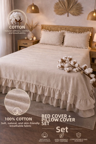 perde plus Σετ μαξιλαροθήκης κρεβατιού από 100% βαμβάκι με βολάν – Διπλό, φυσ...