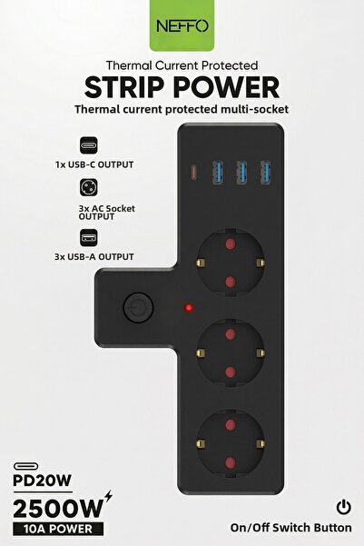 NEFFO Current Thermal Child Protection 3X USB 1X Type-C Input Triple Socket