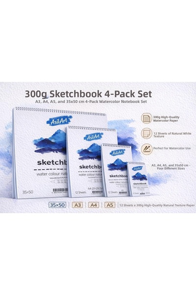 Artdesign Üstten Spiral Sketch Pad Water Color Natural White Set of 4 300Gr 12Yp