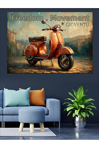 Artmeg Scooter vintage și text în italiană pe pânză decorativă - Masă din lem...