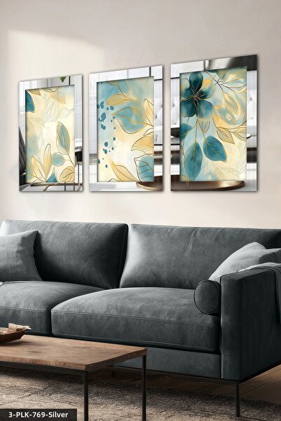 Evinemoda Blue Flower 3 Piece Plexi Mirrored Table with Gold Leaf Detail