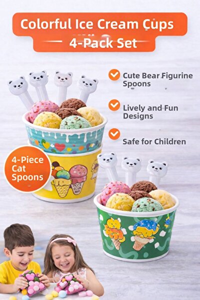 genel tr 4 Piece Colorful Ice Cream Bowl Spoon Set Plastic with Cute Cat Figure