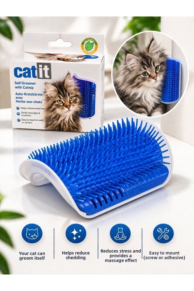 HAYHAYPETSHOP مشط خدش للقطط يثبت على زاوية الحائط، فرشاة تدليك للقطط مع نبات ...