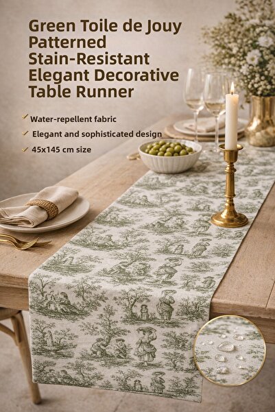 DİVAYS Green Toile De Jouy Patterned Stain-Resistant Stylish Runner Tableclot...