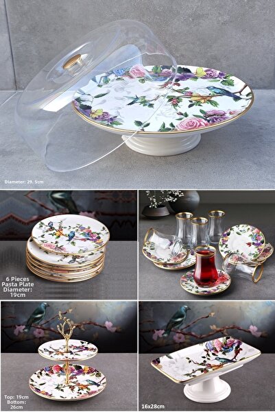 Pinkev Flora 22 Piece Cake Presentation Plate Set with Tea Cups