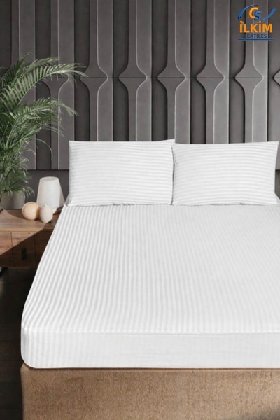 cs ilkim Σετ σατέν ελαστικού σεντονιού από βαμβάκι με ρίγες + 2 μαξιλαροθήκες...