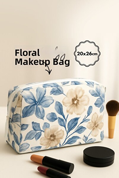 Bimotif Zippered Patterned Fabric Makeup Bag, Organizer, Large Size Makeup Ba...