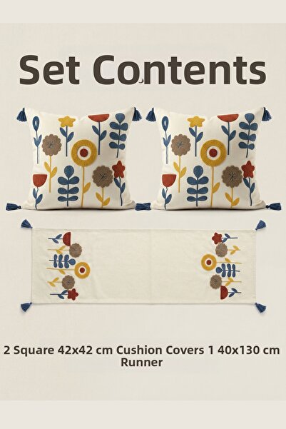 Destiva Home Σετ με κεντητά λουλουδάτα σχέδια, 2 τετράγωνα μαξιλάρια, 1 ράνερ...