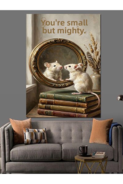 Artmeg Small Mouse Facing the Mirror Decorative Canvas - Mdf Wood Table
