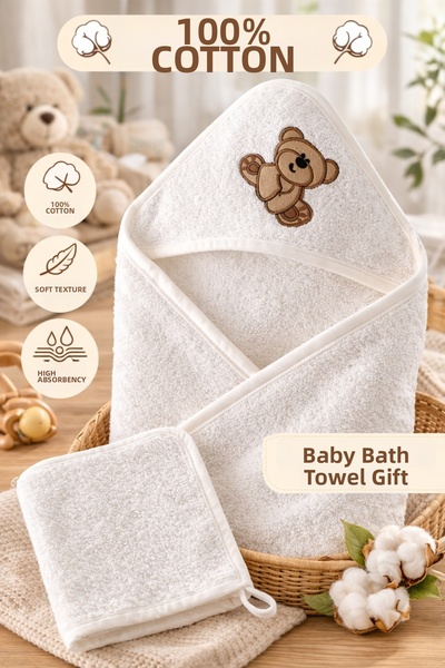 TAYA HOME 100% Cotton Teddy Bear Pattern Baby Swaddle Luxury Bath Towel and B...