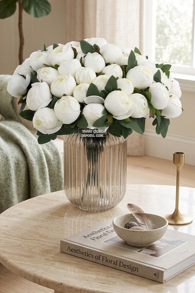 Yapay Çiçek Deposu Τεχνητό Λουλούδι 18 τεμαχίων Μπουκέτο Παιώνιας 38 εκ. Κρεμ