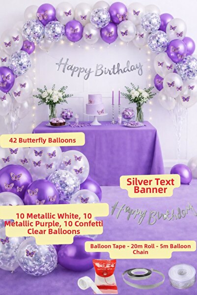 Baloncu Nene Σετ γενεθλίων Purple White Butterfly, Ασημένιο πανό, Μεταλλικό σ...