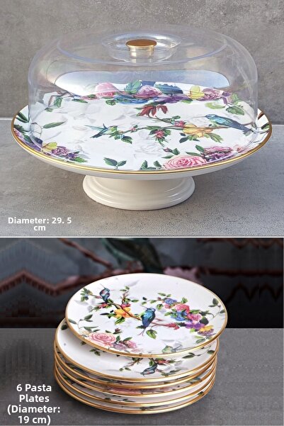 Pinkev Flora 7 Piece Ceramic Cake Jar and Pastry Presentation Plate Set