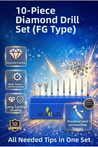 Mimlo 10-Piece Professional Diamond Bur Set - Compatible with Aerators and Micromotors (Blue, Red, Yellow, Belt Tips)