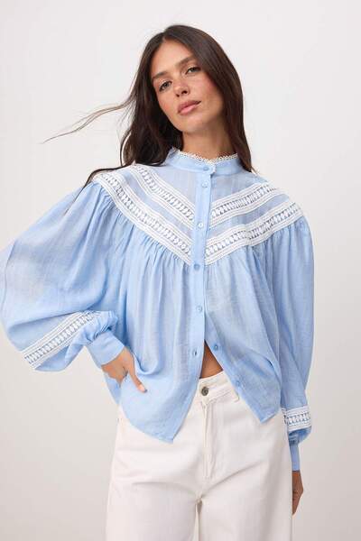 Συλλογή Trendyol Μπλε Δαντελένιο Λεπτομερές Μποέμ Πουκάμισο TWOSS26GO00179