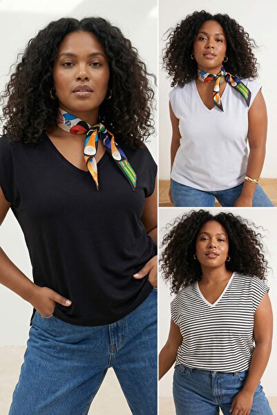 Trendyol Curve Μαύρο-Λευκό- Ριγέ Πακέτο 3-τεμαχίων oversized Fit V-Neck Πλεκτ...