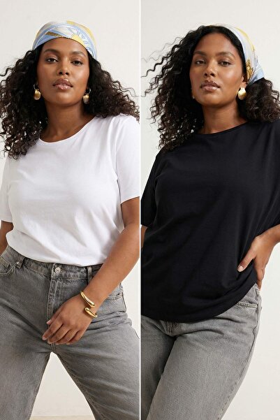 Trendyol Curve Μαύρο-Λευκό Πακέτο 2 τεμαχίων Μπλουζάκια Βασικής Εφαρμογής Καν...